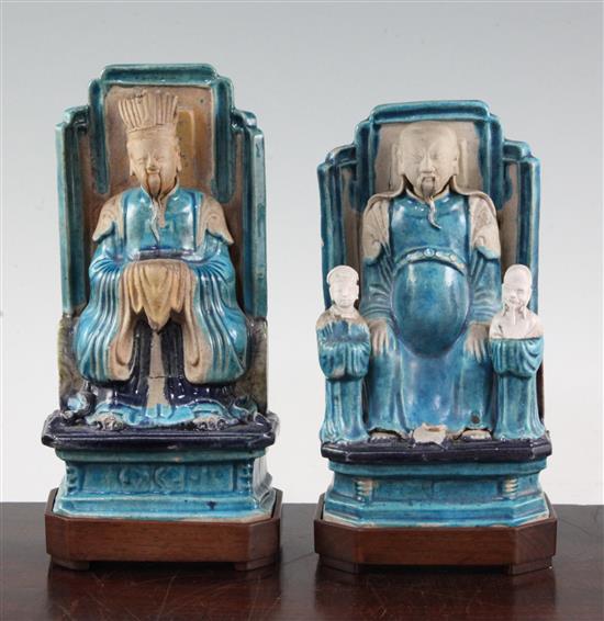 Two Chinese Fahua-decorated figures, Ming dynasty, 19.5cm, wood stands